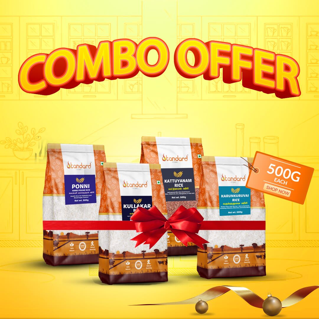 Low Glycemic Index Rice Combo Pack : Kattuyanam Rice / Red Rice,  Karunkuruvai Rice / Traditional Red Rice, Ponni Hand Pounded Rice / Brown  Rice, Kullakar Rice (Each 500g) | Standard Cold Pressed Oil