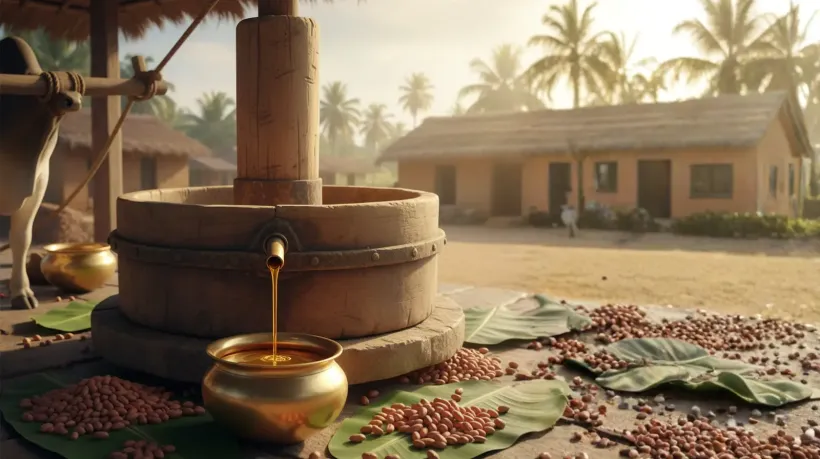 Cold Pressed Shengdana Tel (Peanut Oil) Extracted Traditionally In Tamil Nadu Using Marachekku Method – Healthy And Natural Oil Benefits.